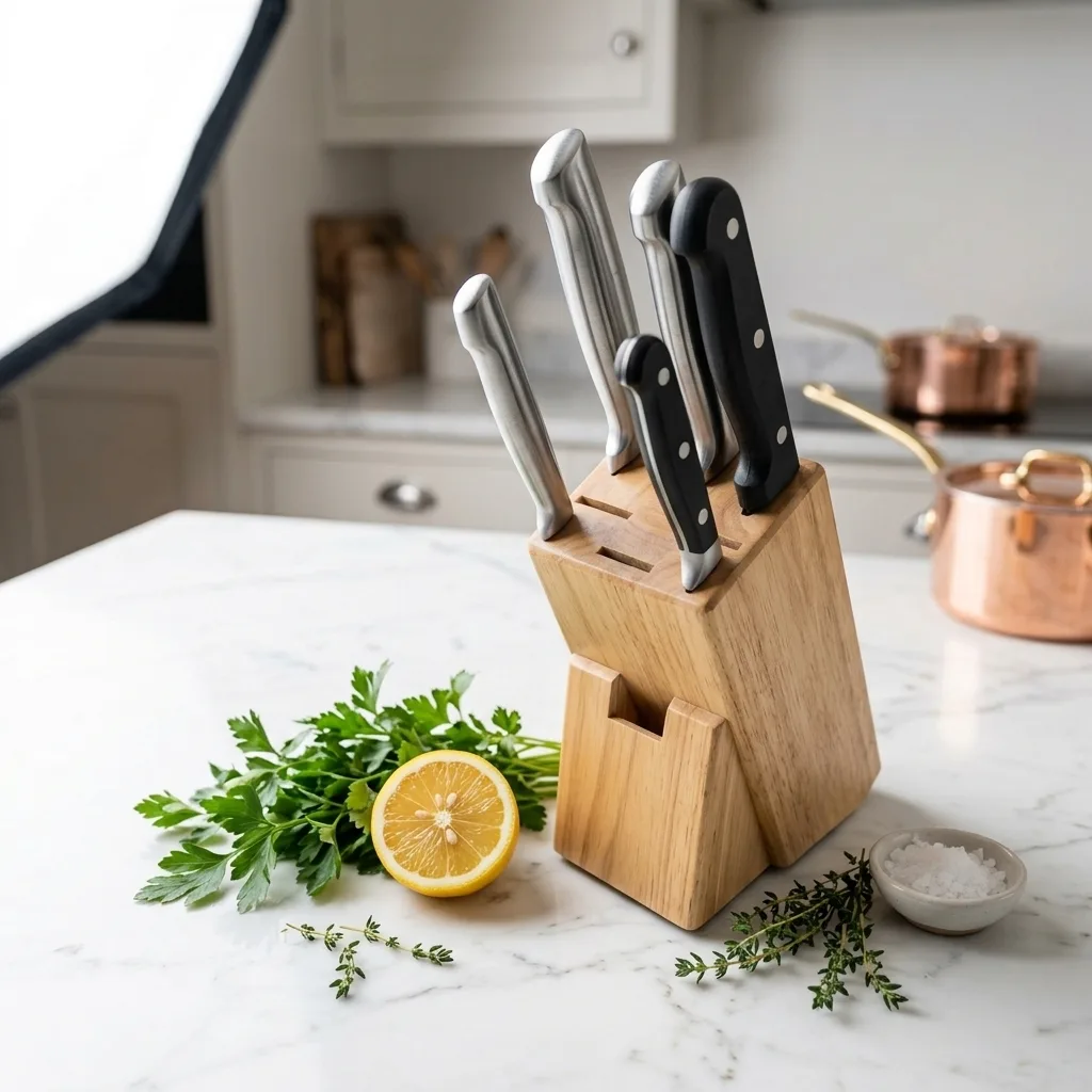 Kitchen knife set, AI scene on a kitchen counter