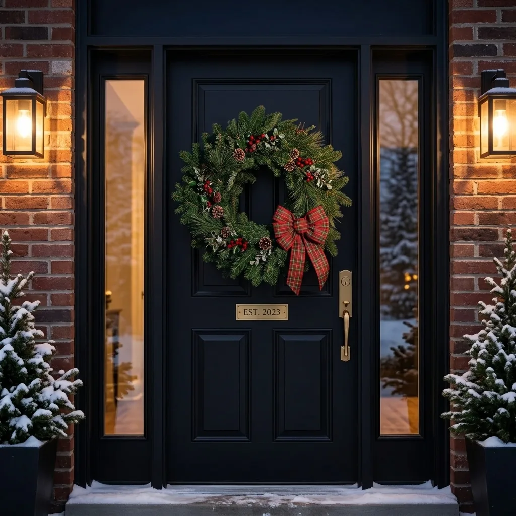 Holiday wreath, AI scene on a front door
