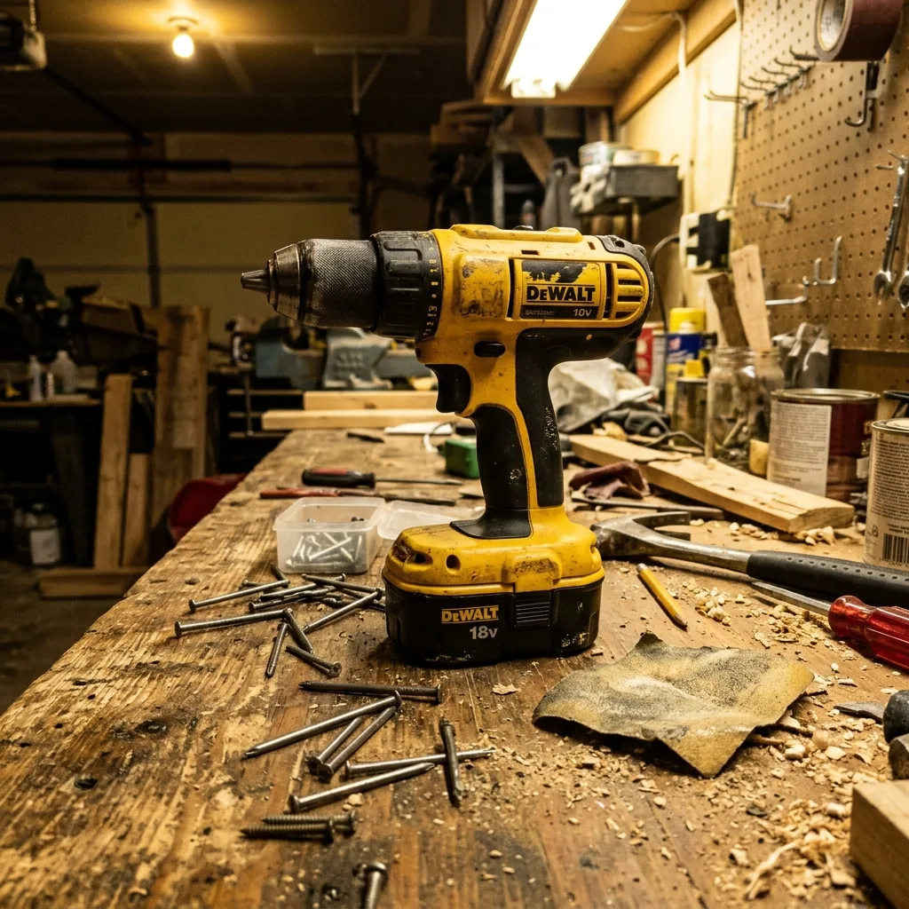 Raw smartphone photo of a cordless drill on a messy desk