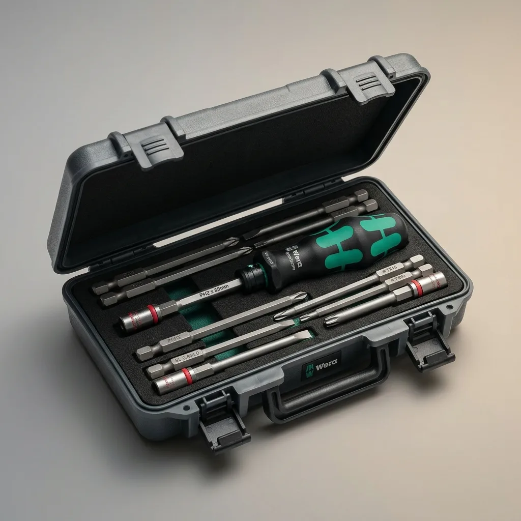 Screwdriver set in an open hard case, studio lighting