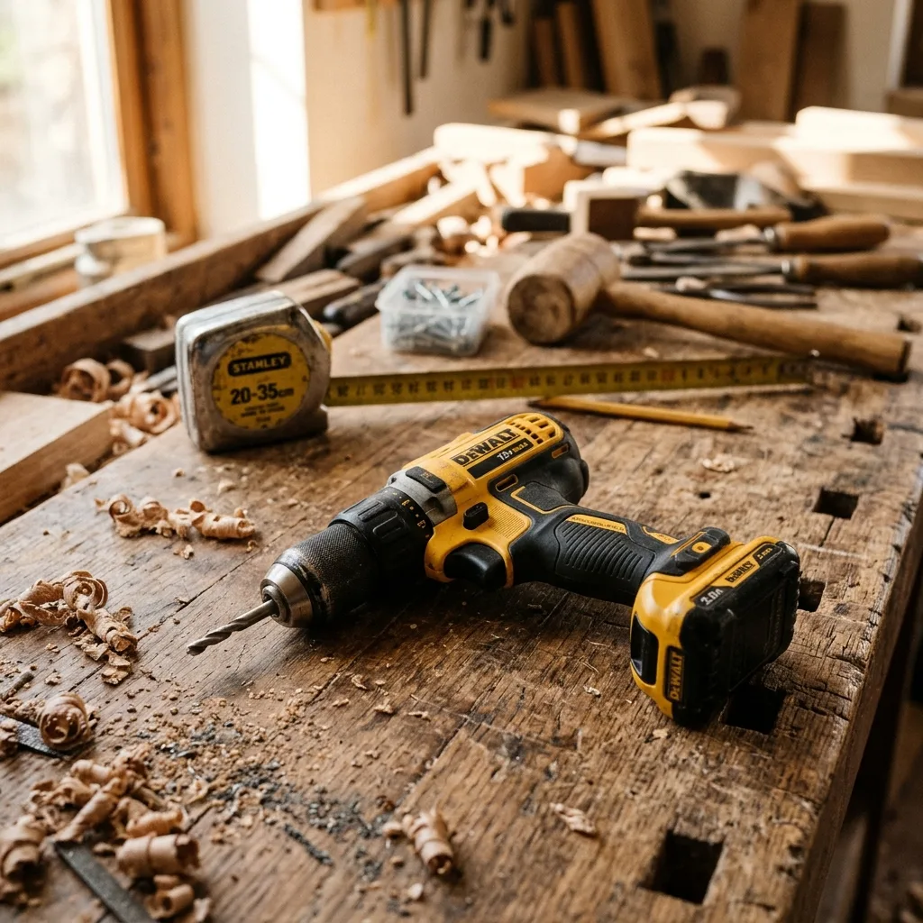 Cordless drill on a workshop bench with wood shavings