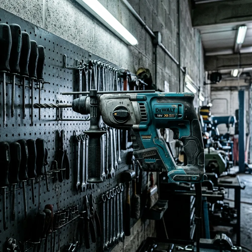 Rotary hammer mounted on a pegboard wall