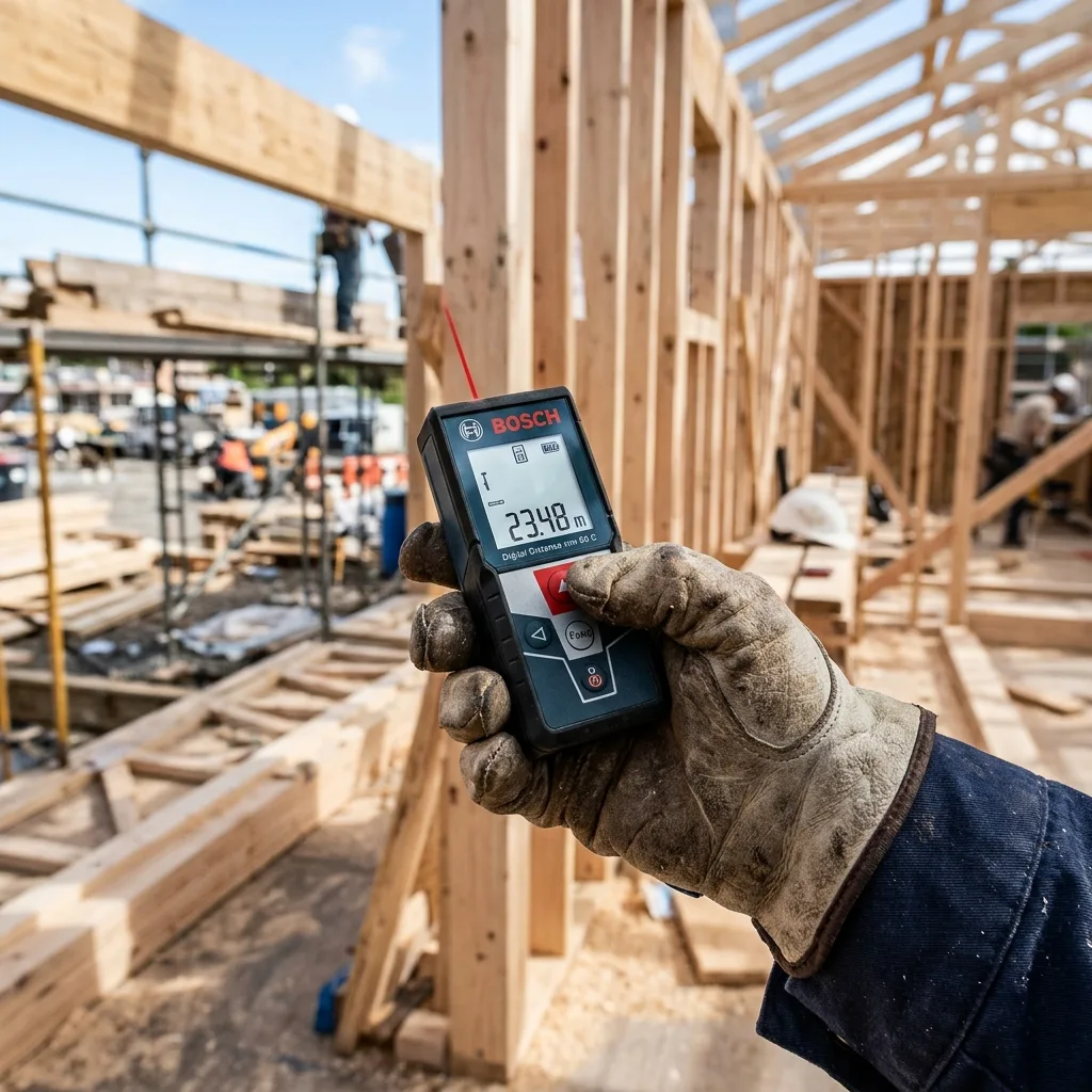 Laser distance measure held in a contractor's hand
