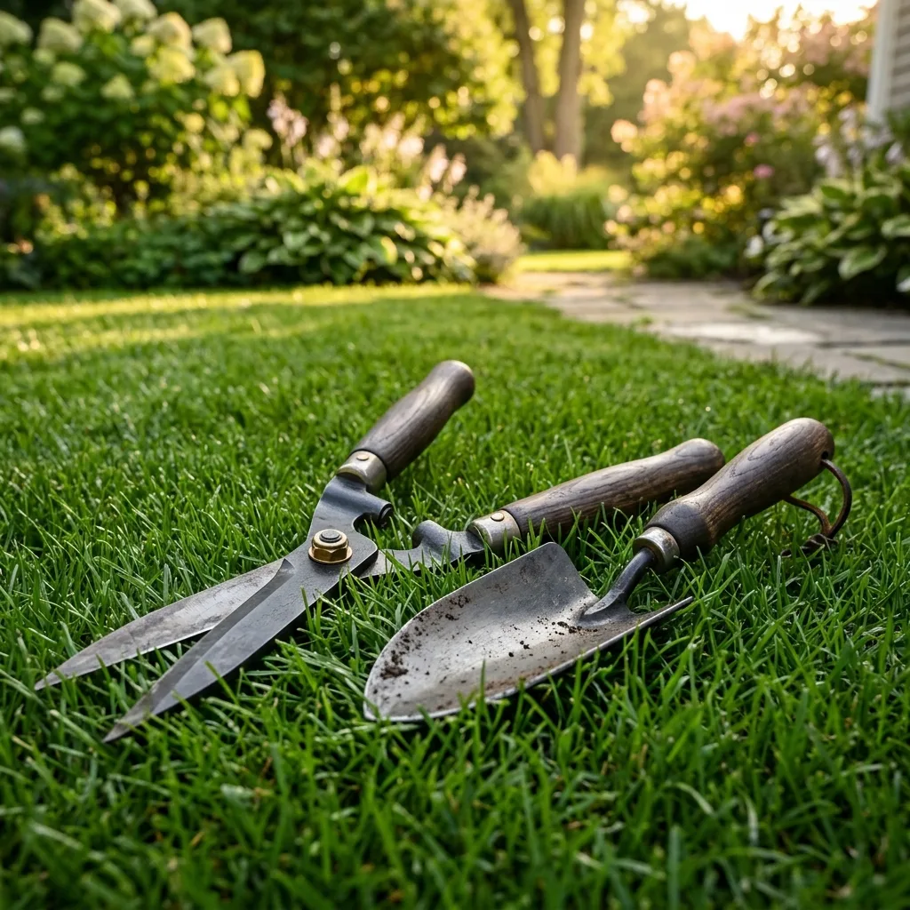 Garden shears and a hand trowel resting on a freshly mowed lawn