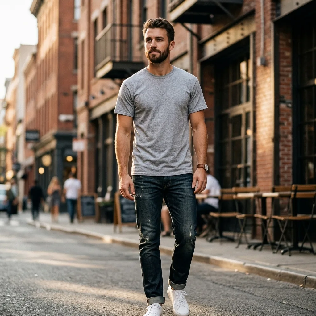 Same t-shirt worn by a model in an urban lifestyle setting