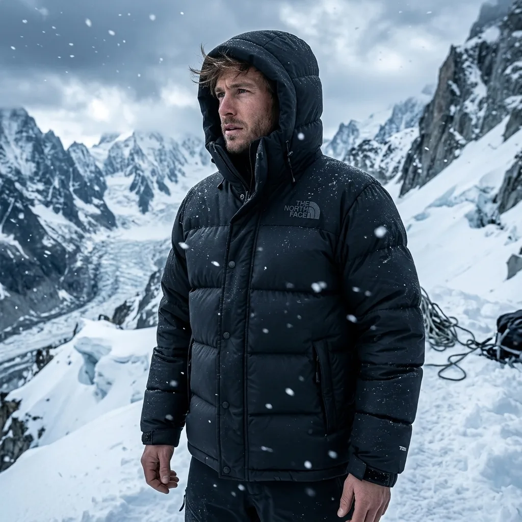 Winter coat on a model in a snowy environment