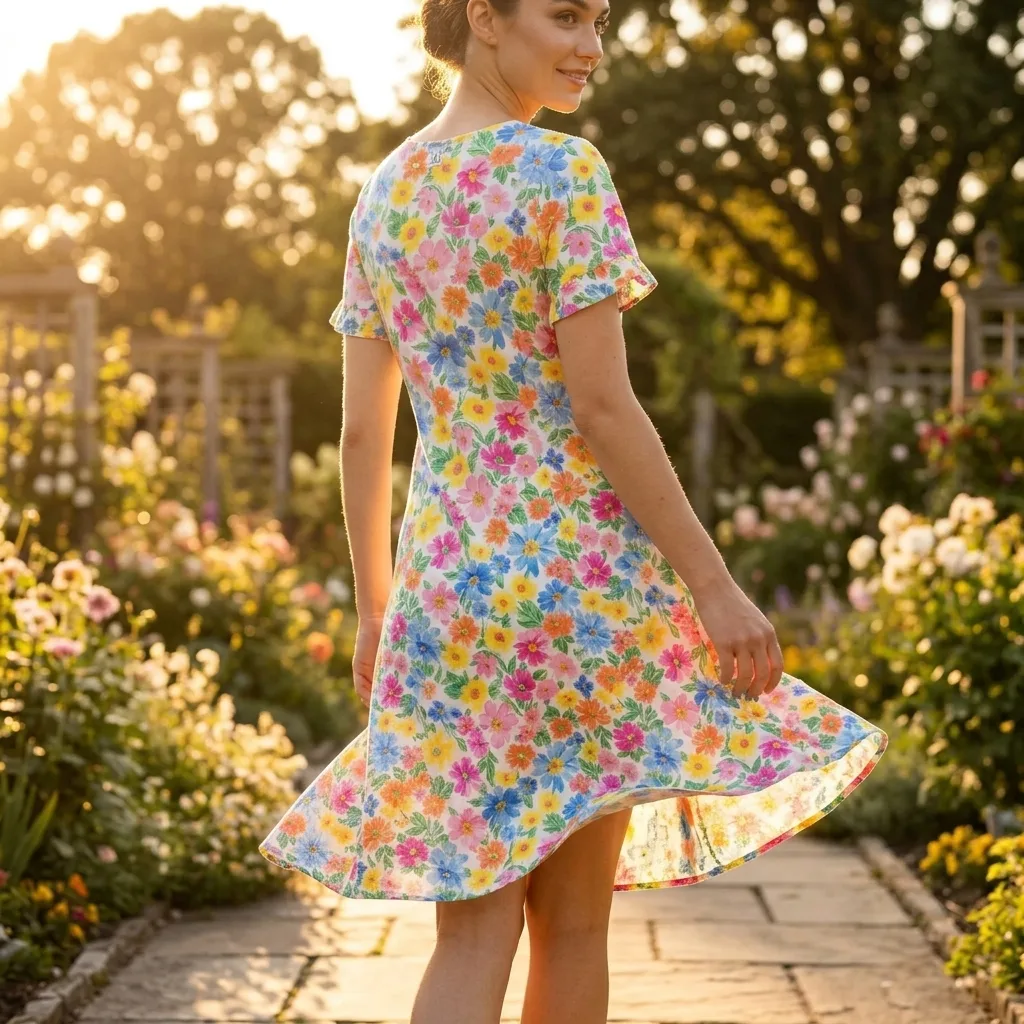 Summer dress worn by a model in a sunlit outdoor scene
