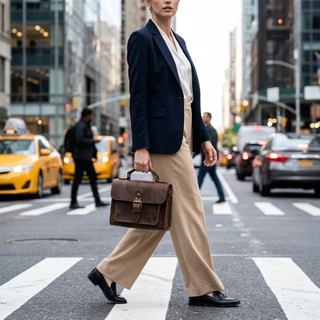 Handbag carried by a model crossing a city street