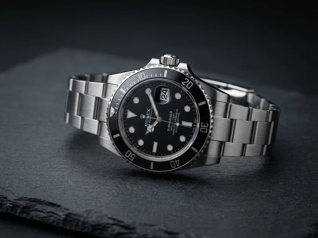 Same luxury watch after AI processing — studio-quality render with accurate metal and glass textures