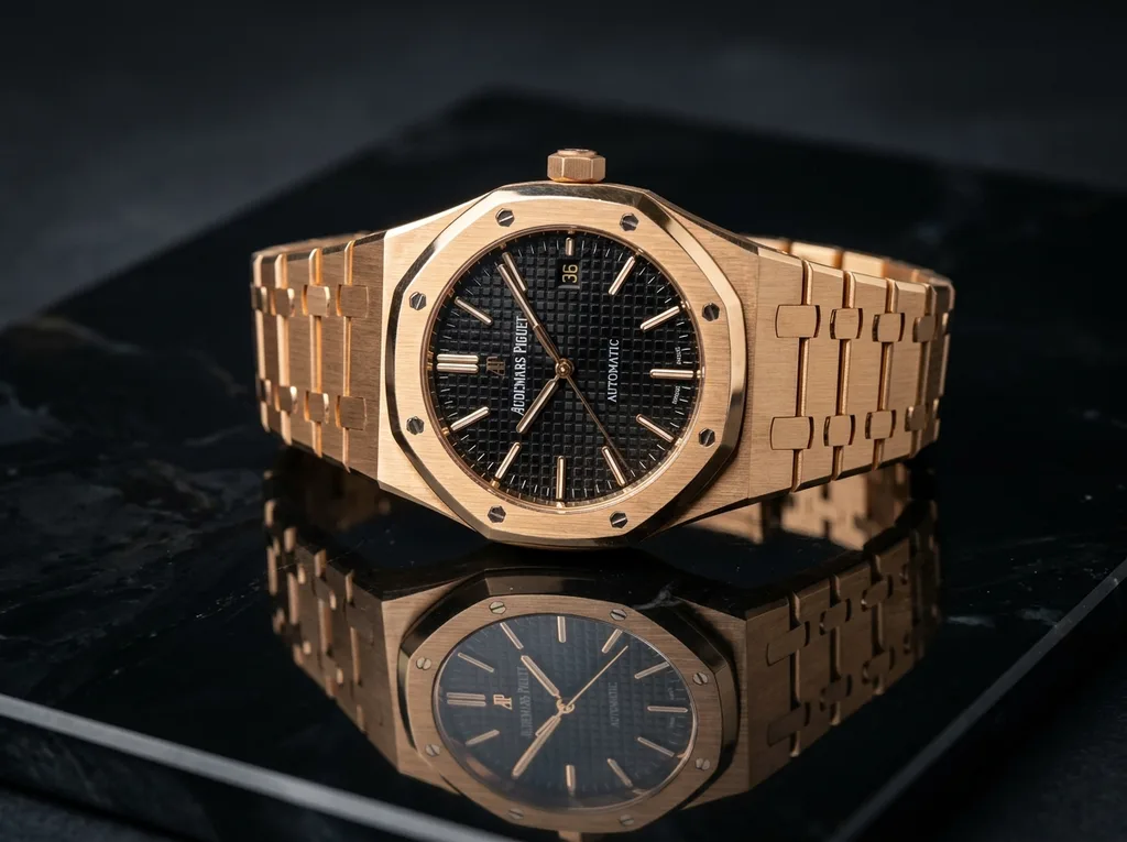 Luxury watch studio shot with natural shadow and reflection