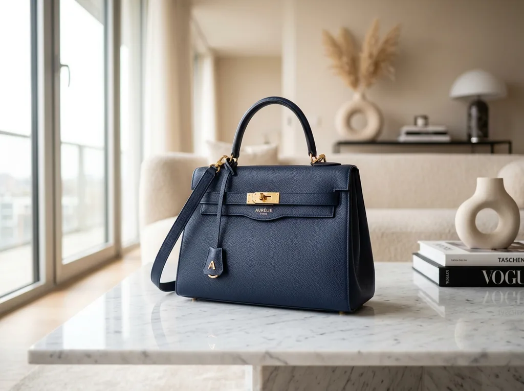 Luxury leather handbag lifestyle interior scene on marble surface