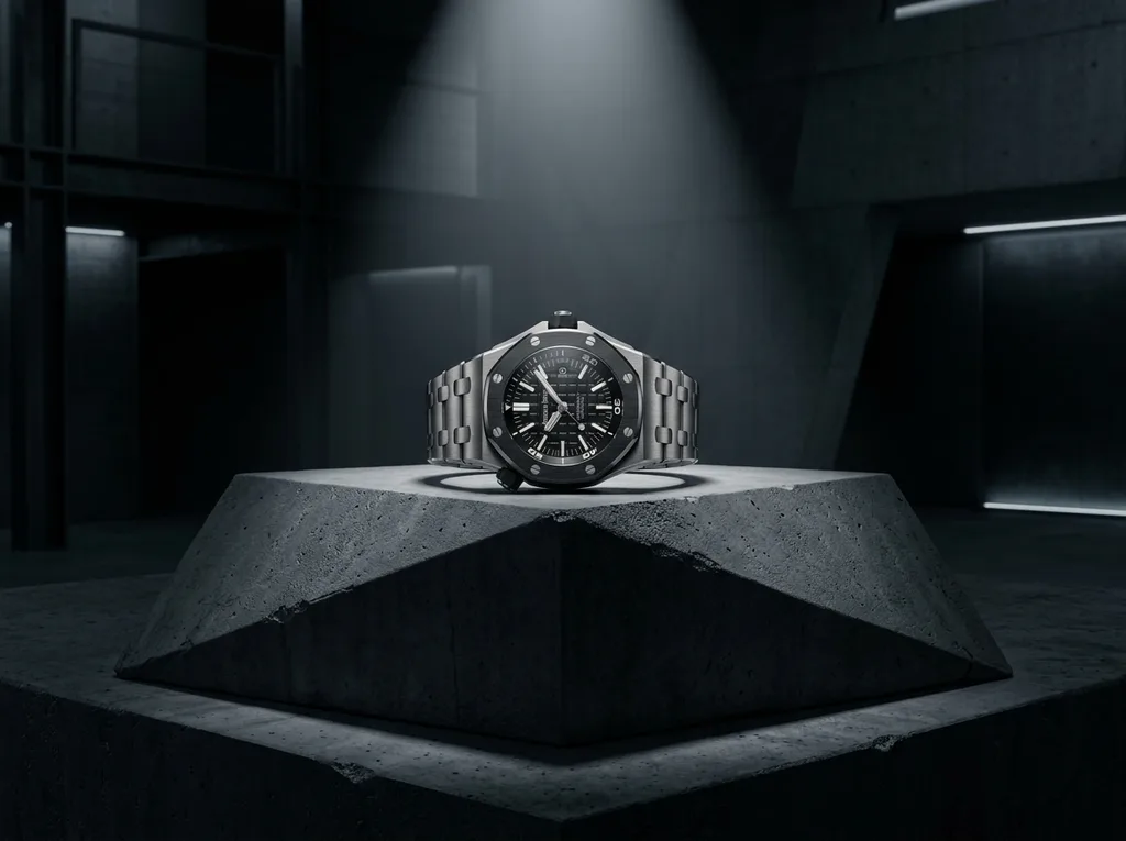 Luxury watch on podium display with dramatic lighting