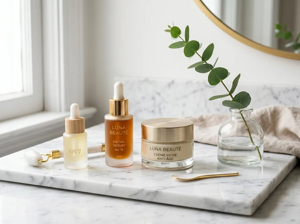 Beauty products styled on a vanity