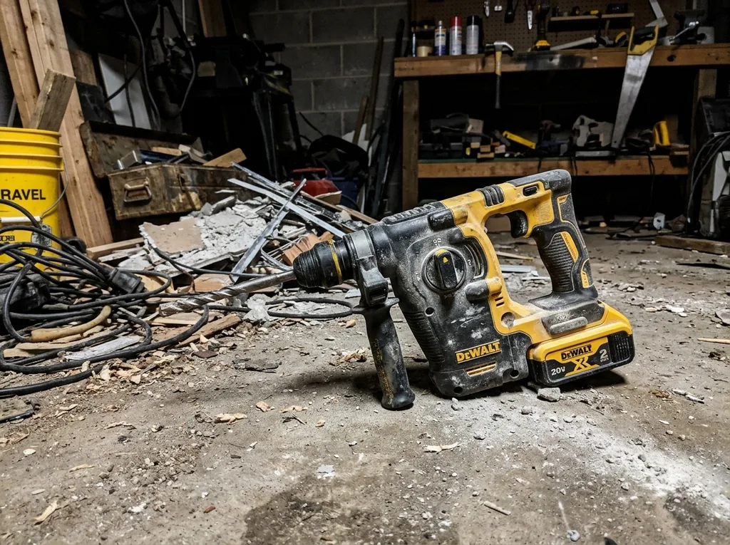 Rotary hammer resting on a workbench in a workshop setting