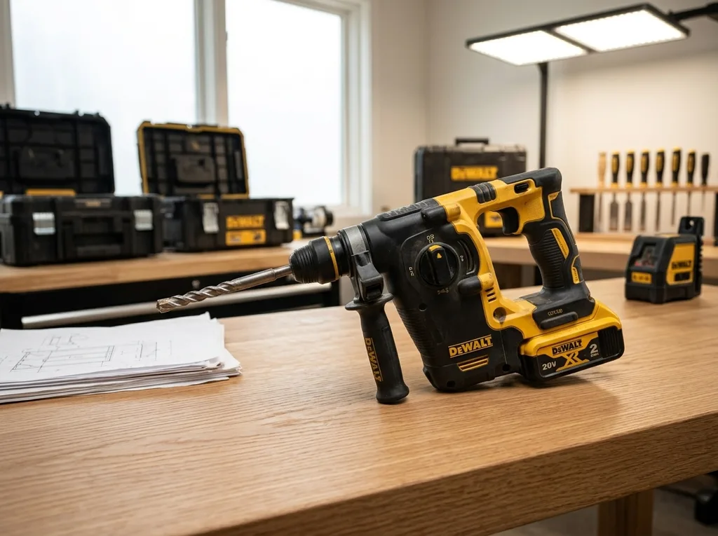 Rotary hammer resting on a workbench in a workshop setting