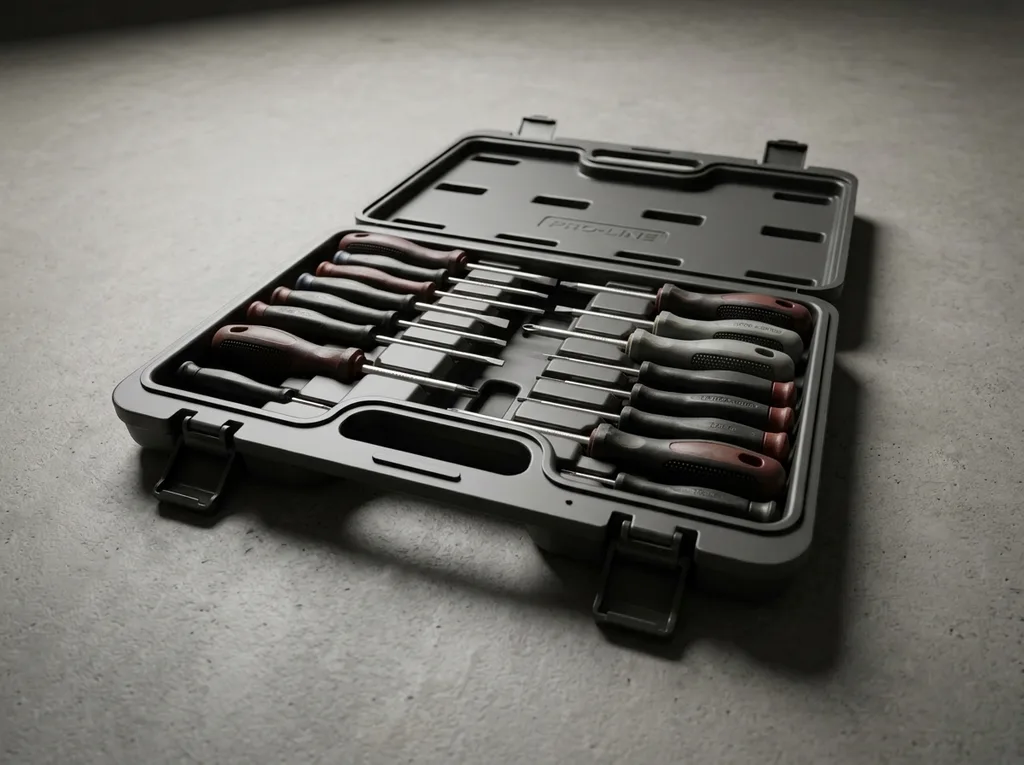 Screwdriver set in hard case, premium studio shot with dynamic shadows