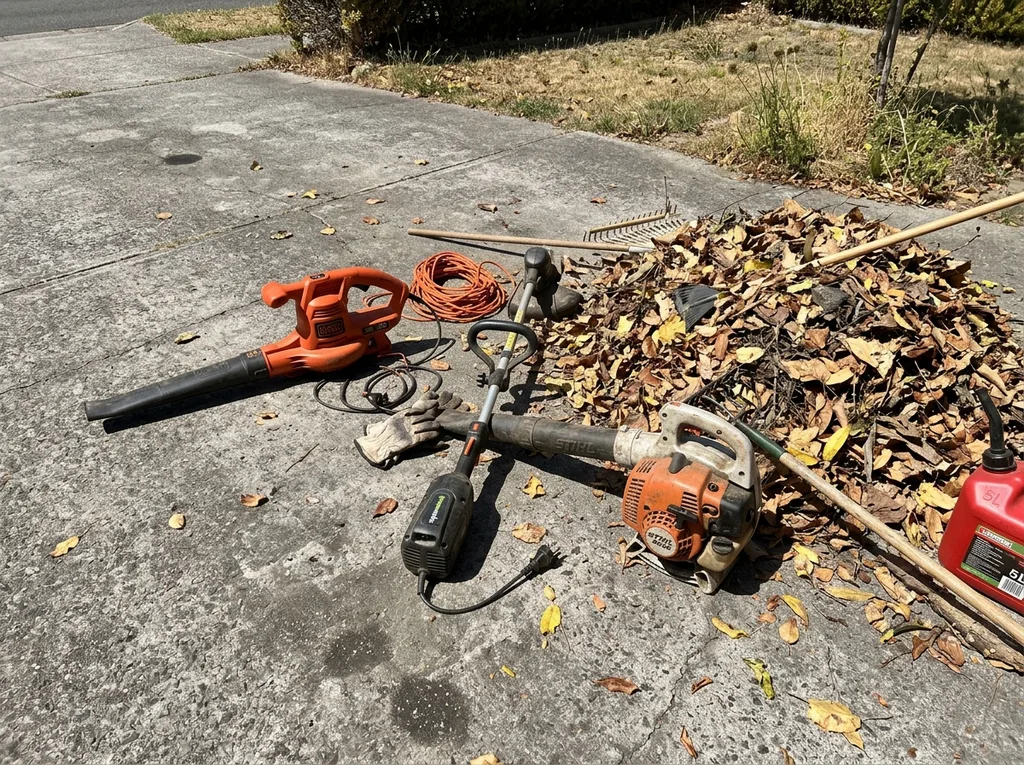 Garden power tools resting on fresh green lawn