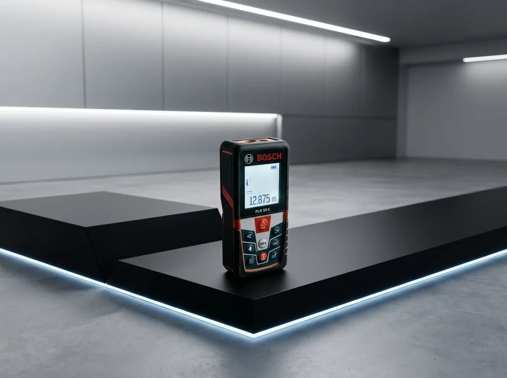 Laser measuring tool displayed on a minimalist presentation podium