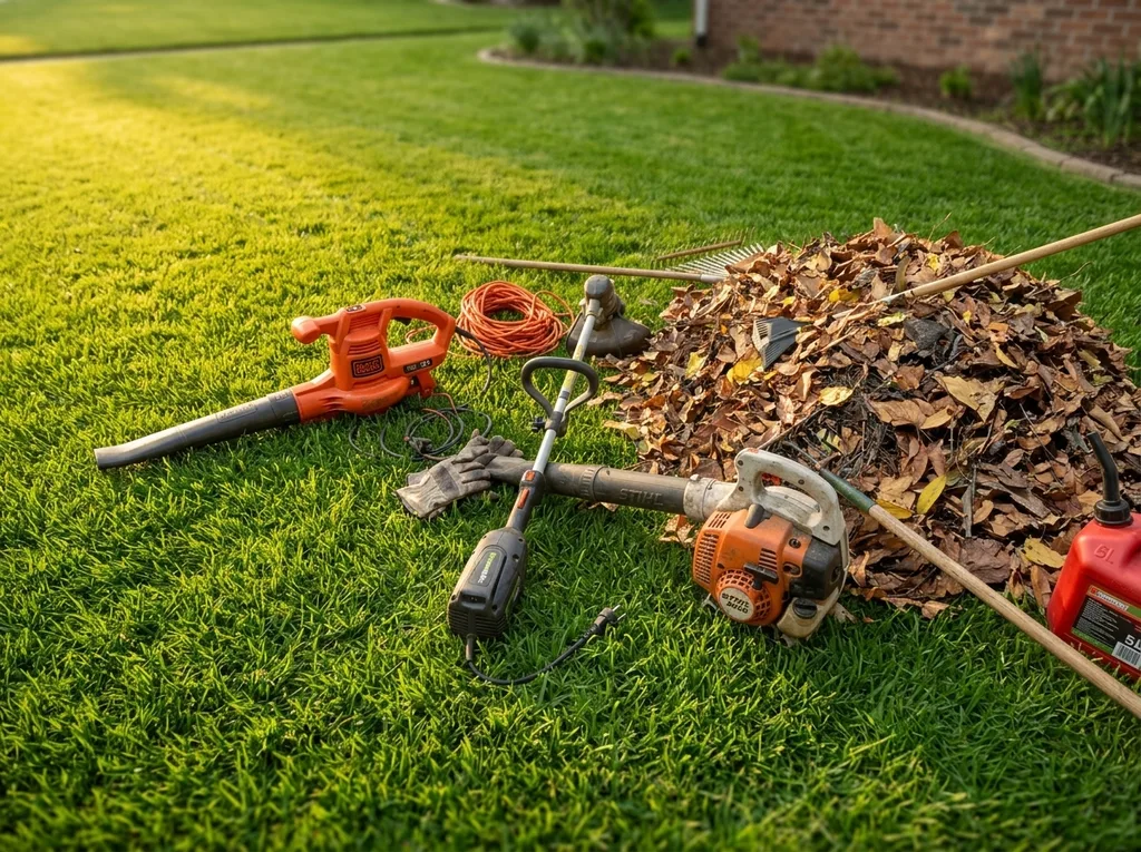 Garden power tools resting on fresh green lawn
